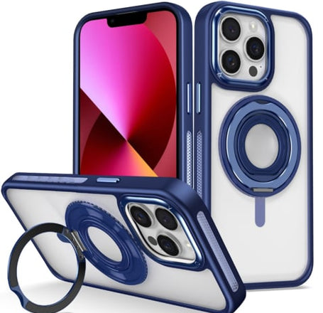 Skin Feel Transparent Case w/ Silicone Ring Holder - DARK BLUE for iPhone 13 Pro Max (Only Ground Sh