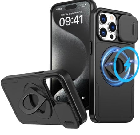 Ring Stand Case & Camera Lens Sliding Cover - BLACK for iPhone 13 Pro Max (Only Ground Shipping)