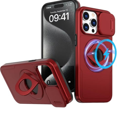 Ring Stand Case & Camera Lens Sliding Cover - RED for iPhone 13 Pro Max (Only Ground Shipping)