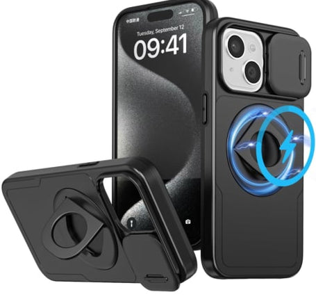 Ring Stand Case & Camera Lens Sliding Cover - BLACK for iPhone 13 / 14 (Only Ground Shipping)