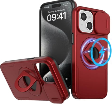 Ring Stand Case & Camera Lens Sliding Cover - RED for iPhone 13 / 14 (Only Ground Shipping)