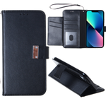 iPhone 14 Plus Elegant Leather Wallet Case w/Wristlet Strap - BLACK (Only Ground Shipping)