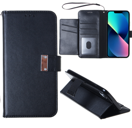 Elegant Leather Wallet Case with Wristlet Strap - BLACK for iPhone 14 Pro (Only Ground Shipping)