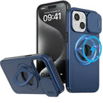 Ring Stand Case & Camera Lens Sliding Cover - BLUE for iPhone 15 (Only Ground Shipping)