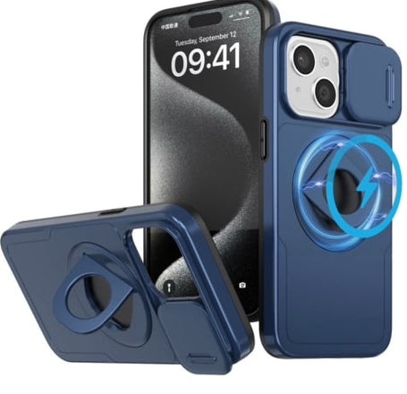 Ring Stand Case & Camera Lens Sliding Cover - BLUE for iPhone 15 (Only Ground Shipping)