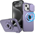 Ring Stand Case & Camera Lens Sliding Cover - PURPLE for iPhone 15 (Only Ground Shipping)