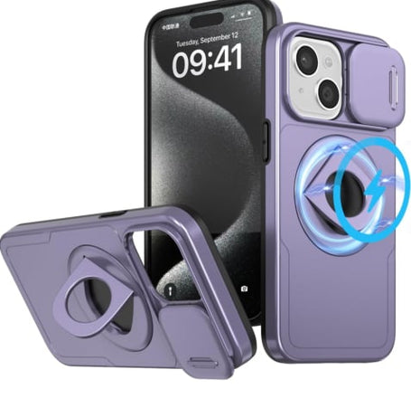 Ring Stand Case & Camera Lens Sliding Cover - PURPLE for iPhone 15 (Only Ground Shipping)