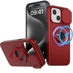 Ring Stand Case & Camera Lens Sliding Cover - RED for iPhone 15 (Only Ground Shipping)