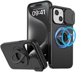 Ring Stand Case & Camera Lens Sliding Cover - BLACK for iPhone 15 Plus (Only Ground Shipping)