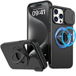 Ring Stand Case & Camera Lens Sliding Cover - BLACK for iPhone 15 Pro (Only Ground Shipping)