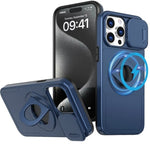 Ring Stand Case & Camera Lens Sliding Cover - BLUE for iPhone 15 Pro (Only Ground Shipping)