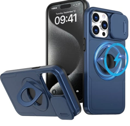 Ring Stand Case & Camera Lens Sliding Cover - BLUE for iPhone 15 Pro (Only Ground Shipping)