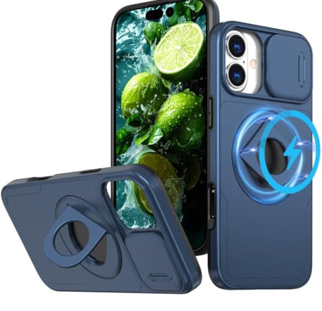 Ring Stand Case & Camera Lens Sliding Cover - BLUE for iPhone 16 (Only Ground Shipping)