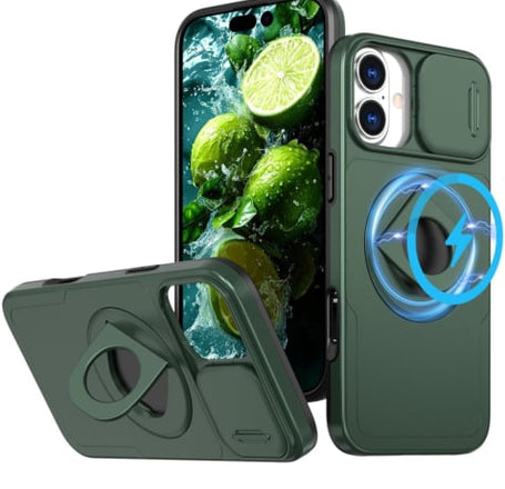 Ring Stand Case & Camera Lens Sliding Cover - DARK GREEN for iPhone 16 (Only Ground Shipping)