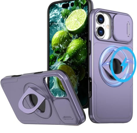 Ring Stand Case & Camera Lens Sliding Cover - PURPLE for iPhone 16 (Only Ground Shipping)