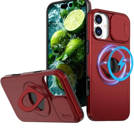 Ring Stand Case & Camera Lens Sliding Cover - RED for iPhone 16 (Only Ground Shipping)