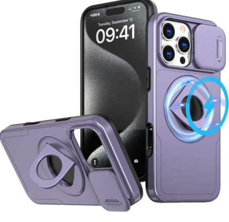 Ring Stand Case & Camera Lens Sliding Cover - PURPLE for iPhone 16 Pro (Only Ground Shipping)