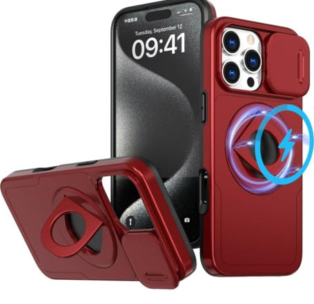 Ring Stand Case & Camera Lens Sliding Cover - RED for iPhone 16 Pro (Only Ground Shipping)