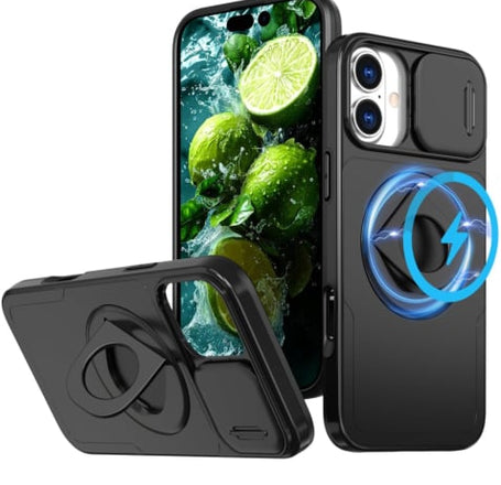 Ring Stand Case & Camera Lens Sliding Cover - BLACK for iPhone 16 Plus (Only Ground Shipping)