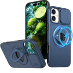 Ring Stand Case & Camera Lens Sliding Cover - BLUE for iPhone 16 Plus (Only Ground Shipping)