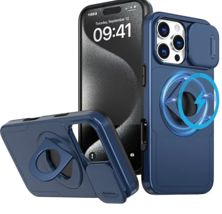 Ring Stand Case & Camera Lens Sliding Cover - BLUE for iPhone 16 Pro (Only Ground Shipping)