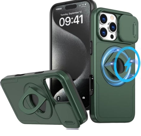 Ring Stand Case & Camera Lens Sliding Cover - DARK GREEN for iPhone 16 Pro (Only Ground Shipping)