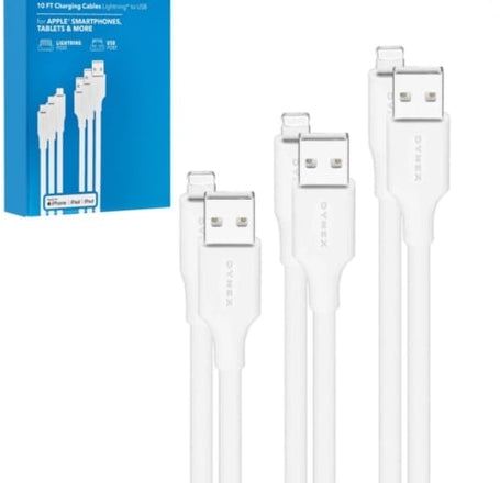 Dynex USB A-Lightning MFI Charging Data Cable (10ft) (3 Pack)