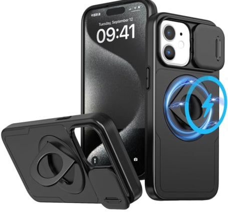 Ring Stand Case & Camera Lens Sliding Cover - BLACK for iPhone 11 (Only Ground Shipping)