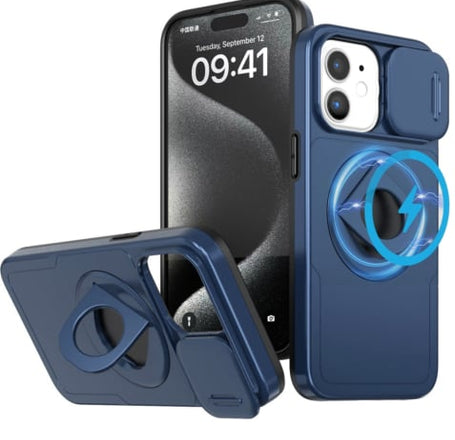 Ring Stand Case & Camera Lens Sliding Cover - BLUE for iPhone 11 (Only Ground Shipping)