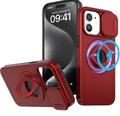 Ring Stand Case & Camera Lens Sliding Cover - RED for iPhone 11 (Only Ground Shipping)