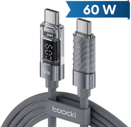 Toocki USB C-C Super Fast Charging Data Cable w/ Display (GRAY) (60W) (6ft)