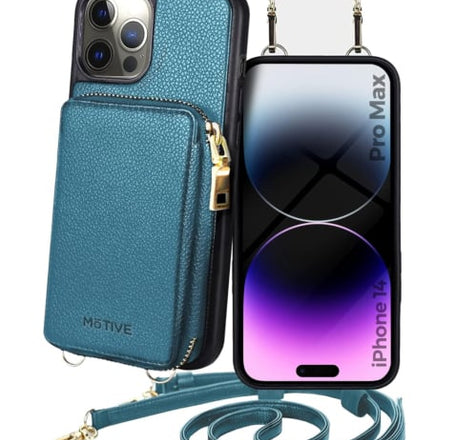 Motive Base Crossbody Zipper Purse Case - TEAL for iPhone 14 Pro Max (Only Ground Shipping)