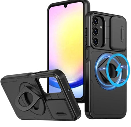 Ring Stand Case & Camera Lens Sliding Cover - BLACK for Galaxy A14 (Only Ground Shipping)