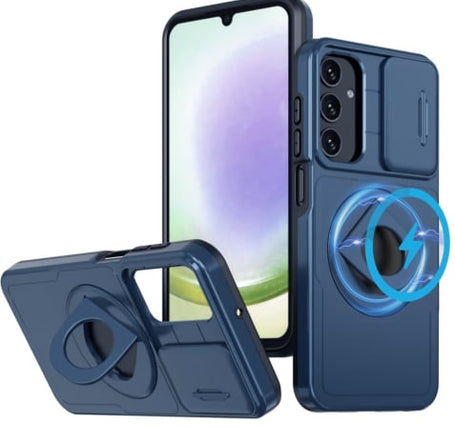 Ring Stand Case & Camera Lens Sliding Cover - BLUE for Galaxy A14 (Only Ground Shipping)