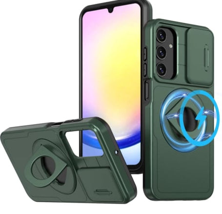 Ring Stand Case & Camera Lens Sliding Cover - DARK GREEN for Galaxy A14 (Only Ground Shipping)