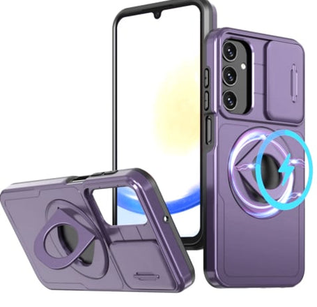 Ring Stand Case & Camera Lens Sliding Cover - PURPLE for Galaxy A14 (Only Ground Shipping)