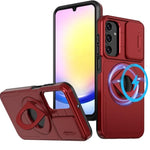 Ring Stand Case & Camera Lens Sliding Cover - RED for Galaxy A14 (Only Ground Shipping)