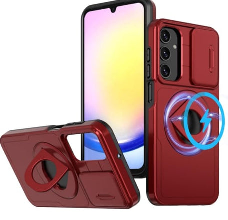 Ring Stand Case & Camera Lens Sliding Cover - RED for Galaxy A14 (Only Ground Shipping)