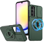 Ring Stand Case & Camera Lens Sliding Cover - DARK GREEN for Galaxy A15 (Only Ground Shipping)