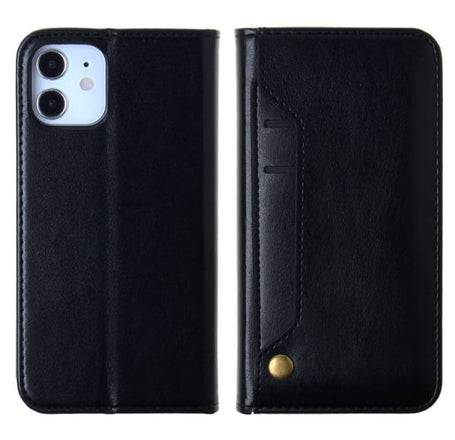 Genuine Leather Magnetic Wallet Case with Credit Card Slot - BLACK for iPhone 12 Mini (Only Ground Shipping)