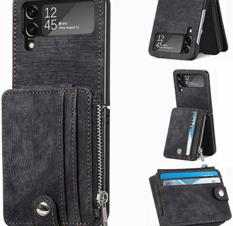 Galaxy Z Flip 3 Wallet Case w/Card Holder - BLACK (Only Ground Shipping)